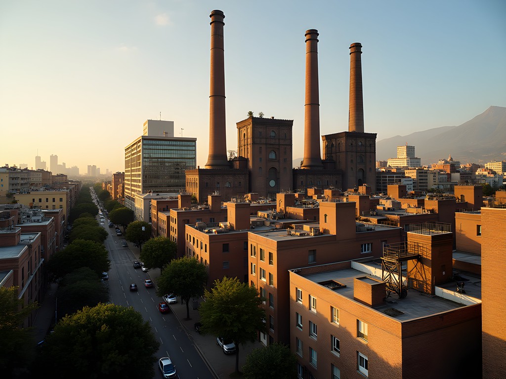 Industrial chimney and modern architecture in Poblenou's 22@ district, Barcelona