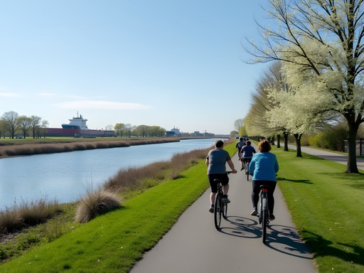 Family cycling along the scenic C&D Canal Trail in Bear, Delaware