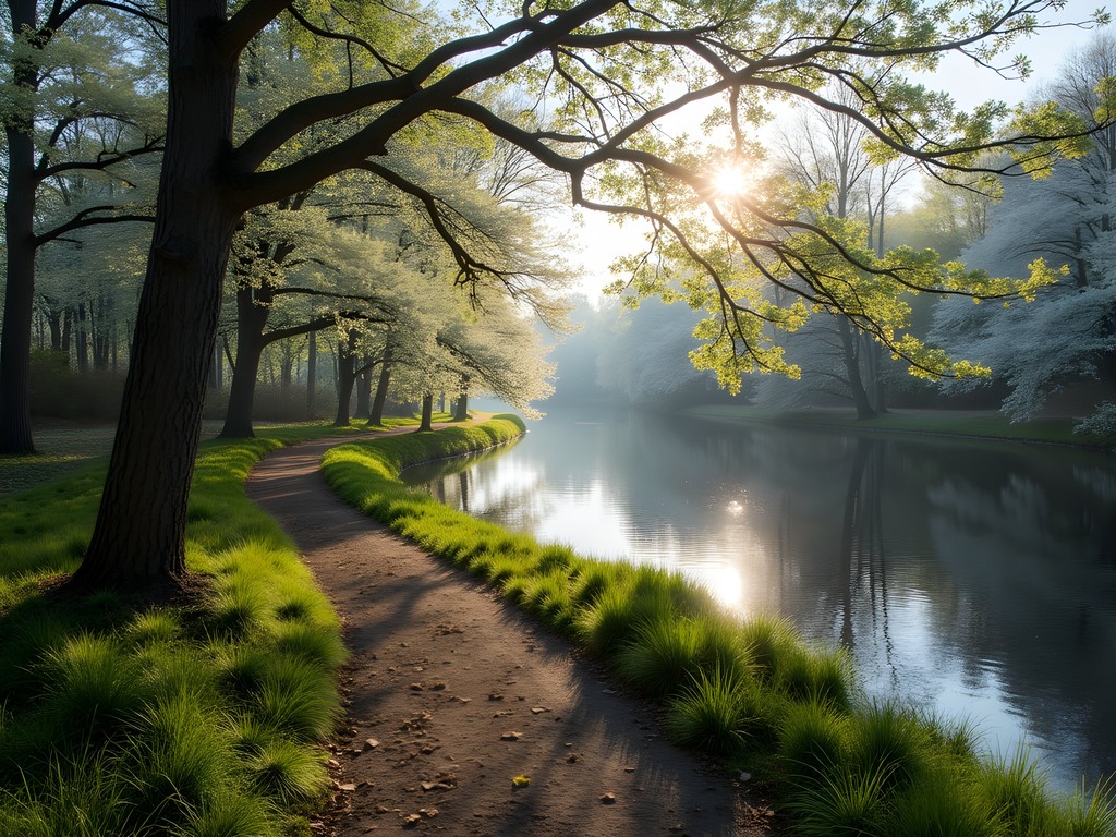 Tree-lined hiking trail around Lums Pond with spring wildflowers in bloom