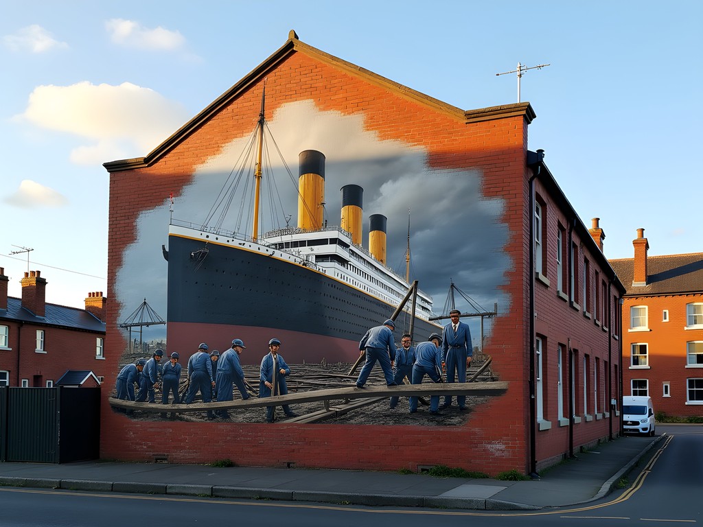 Industrial heritage mural in East Belfast depicting shipyard workers