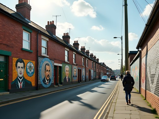 Republican murals on Falls Road in Belfast depicting historical figures and Celtic imagery