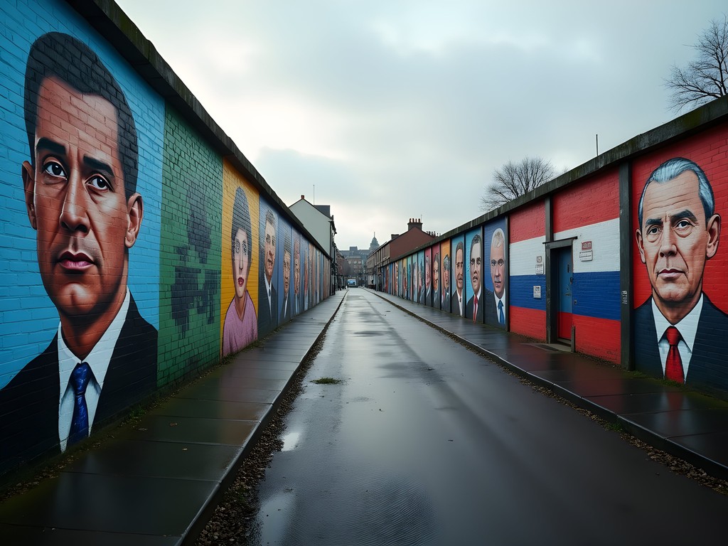 Political murals on Belfast Peace Wall showing contrasting loyalist and republican imagery