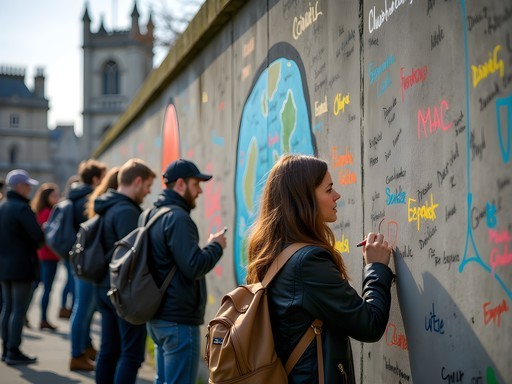 Tourist signing the Peace Wall in Belfast with messages of hope