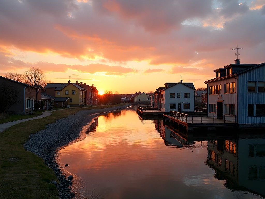 Sunset view of Rummelsburg Bay with floating homes and former industrial buildings, Berlin