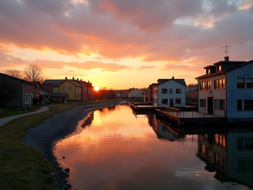 Sunset view of Rummelsburg Bay with floating homes and former industrial buildings, Berlin