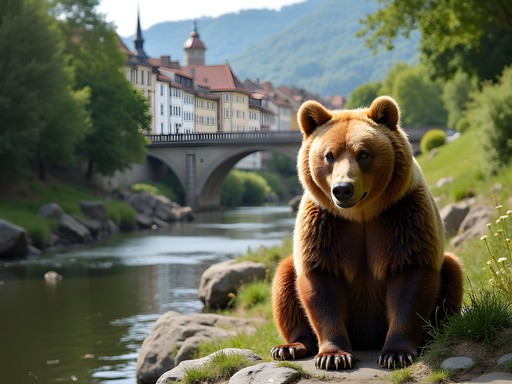 Bears in Bern's BärenPark with the Aare River and Old Town in background