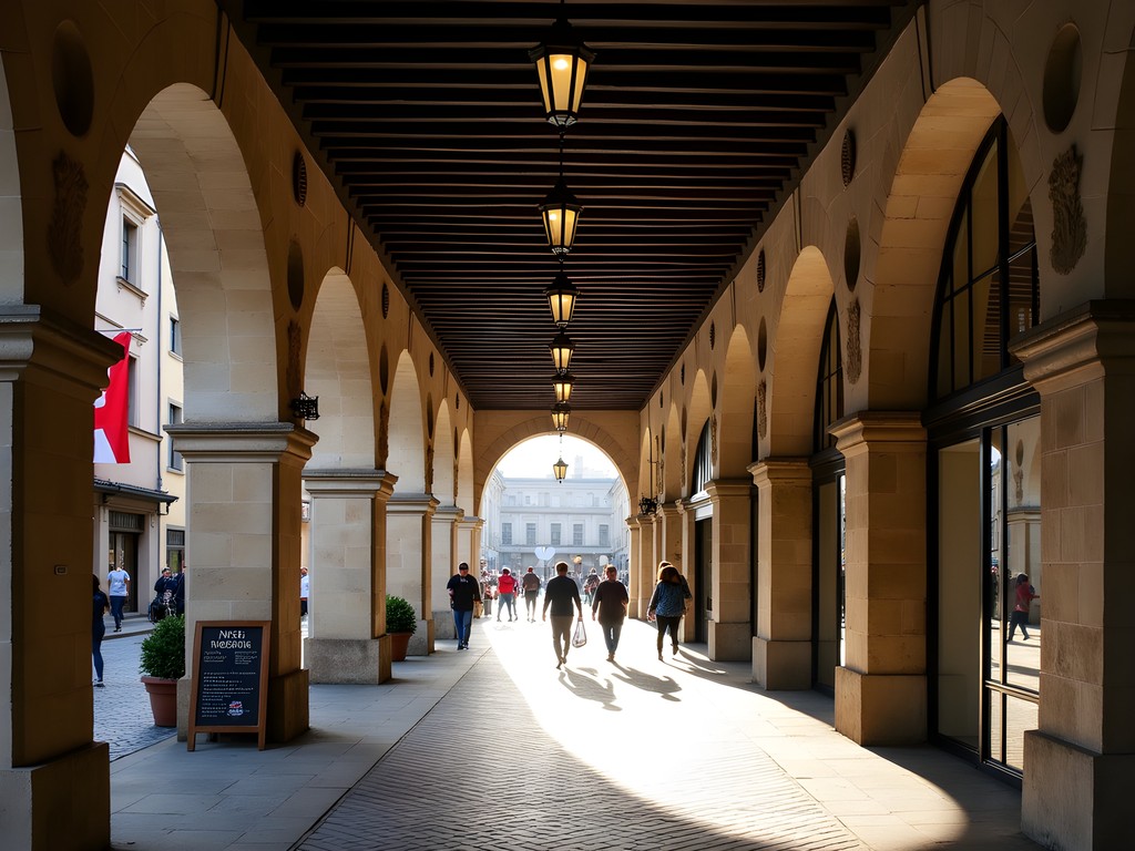 Historic covered arcades of Bern's Old Town with shops and pedestrians