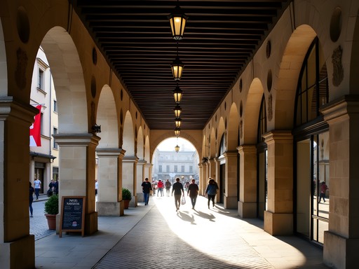 Historic covered arcades of Bern's Old Town with shops and pedestrians