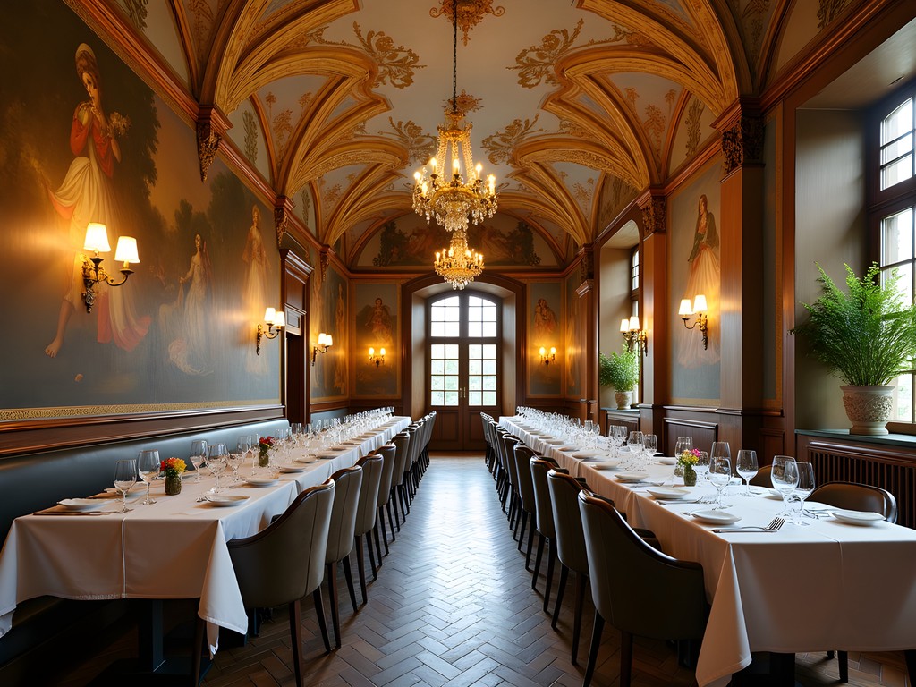 Elegant baroque interior of Restaurant Kornhauskeller in Bern with vaulted ceilings and dining tables