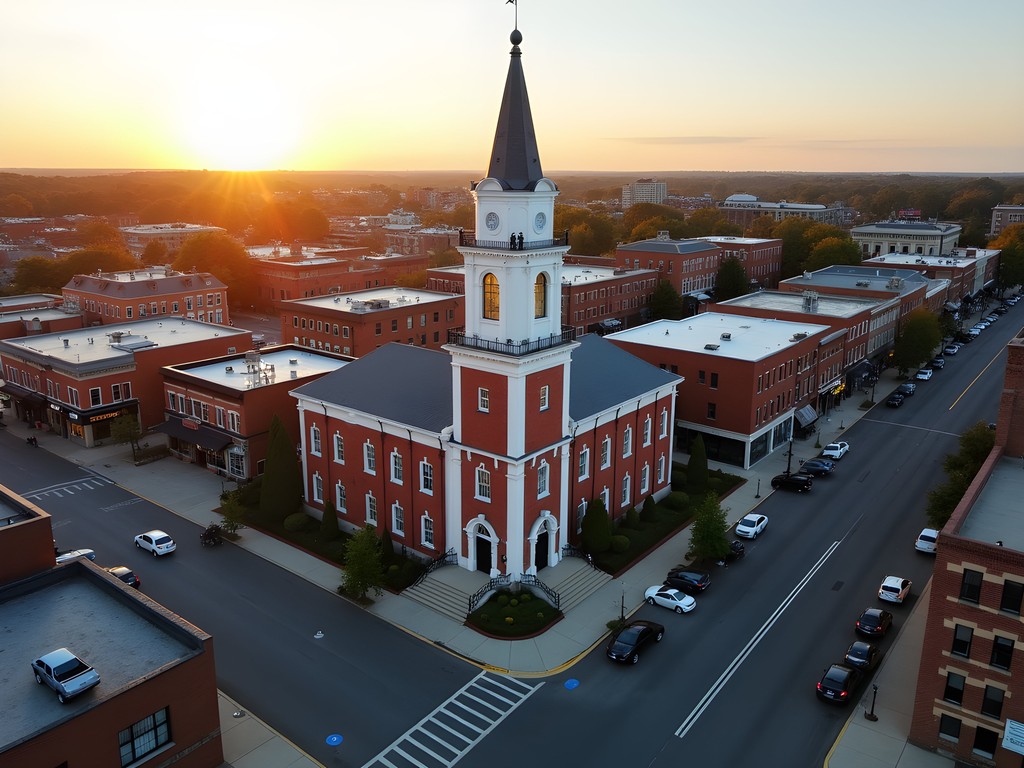 Aerial drone view of Brockton City Hall and downtown historic district