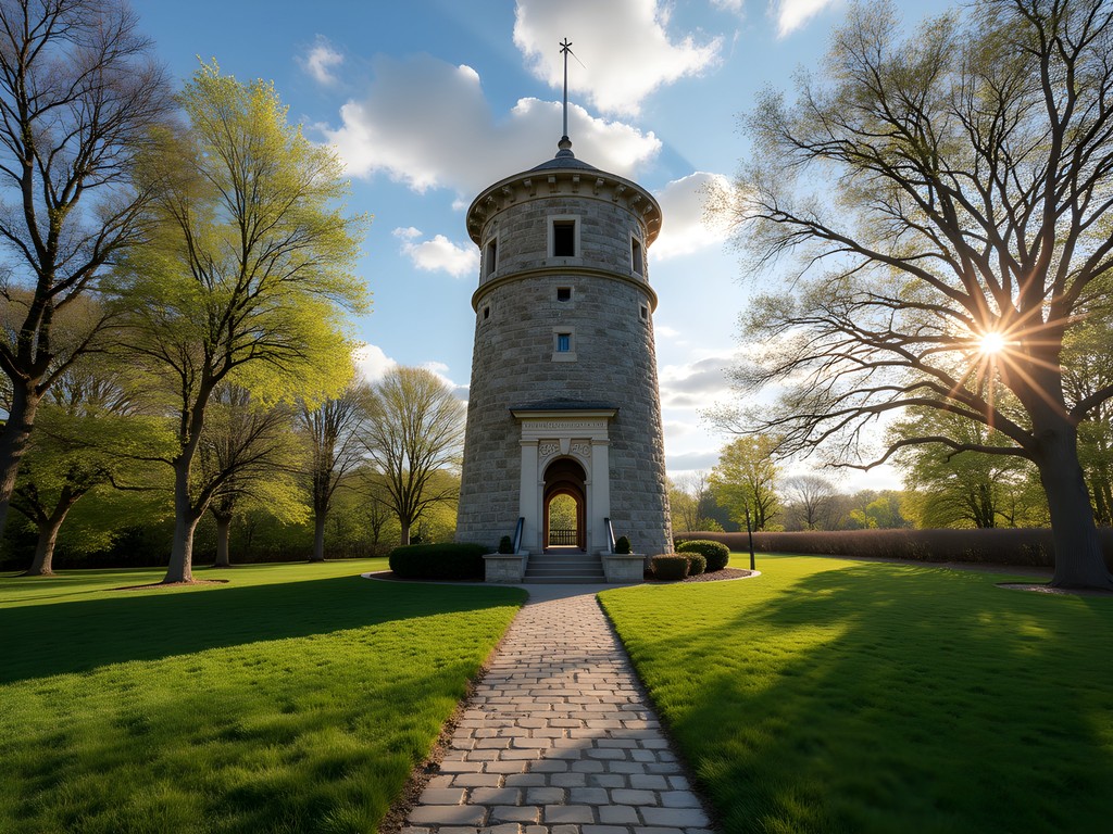 Stone observation tower at D.W. Field Park in Brockton with spring foliage