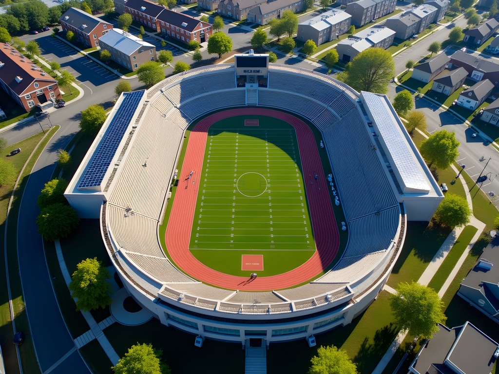 Aerial drone view of Rocky Marciano Stadium in Brockton showing solar panels and green infrastructure