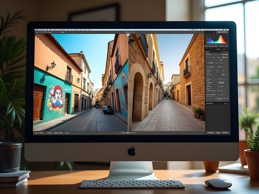Side-by-side comparison of photo editing techniques for Buenos Aires and Jerusalem images