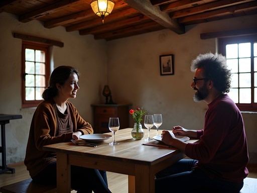 Woman enjoying traditional dinner inside a Bhutanese farmhouse with traditional architecture visible