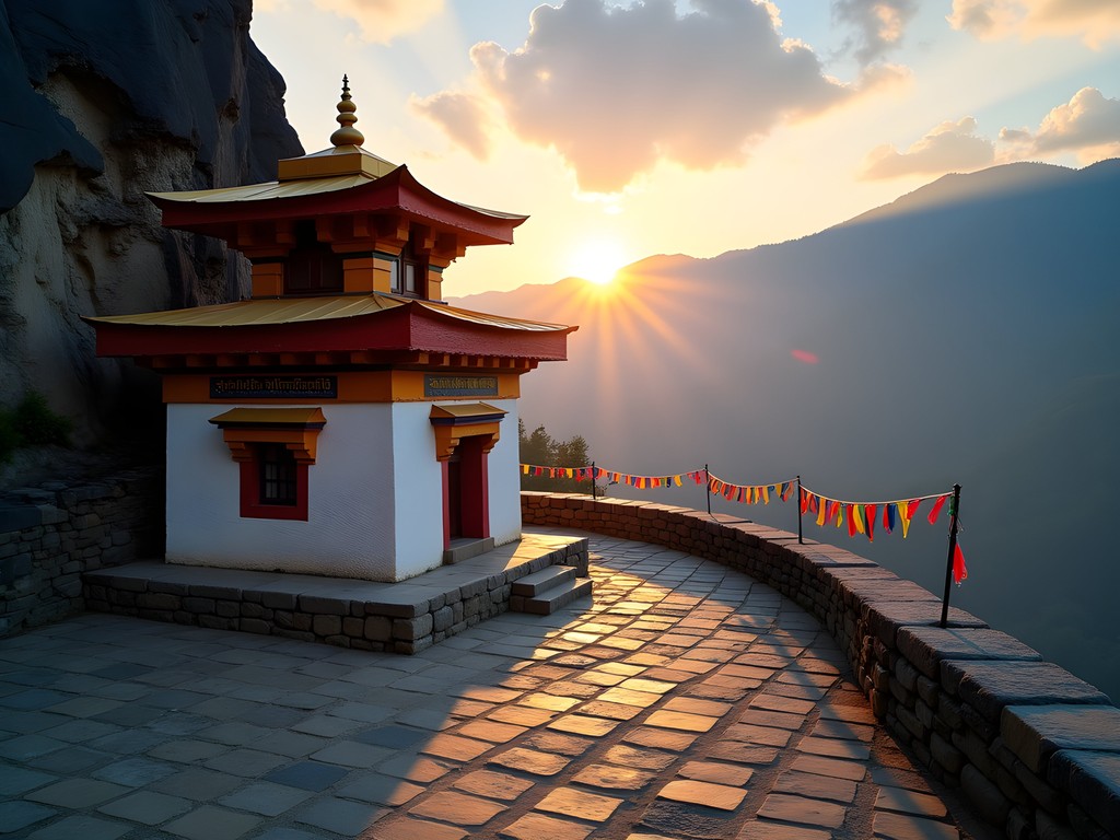Ancient Jambay Lhakhang temple at sunrise with prayer flags and mountains in Bumthang, Bhutan