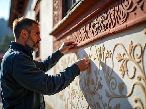 Close-up of detailed preservation work on a Renaissance sgraffito facade in Telc