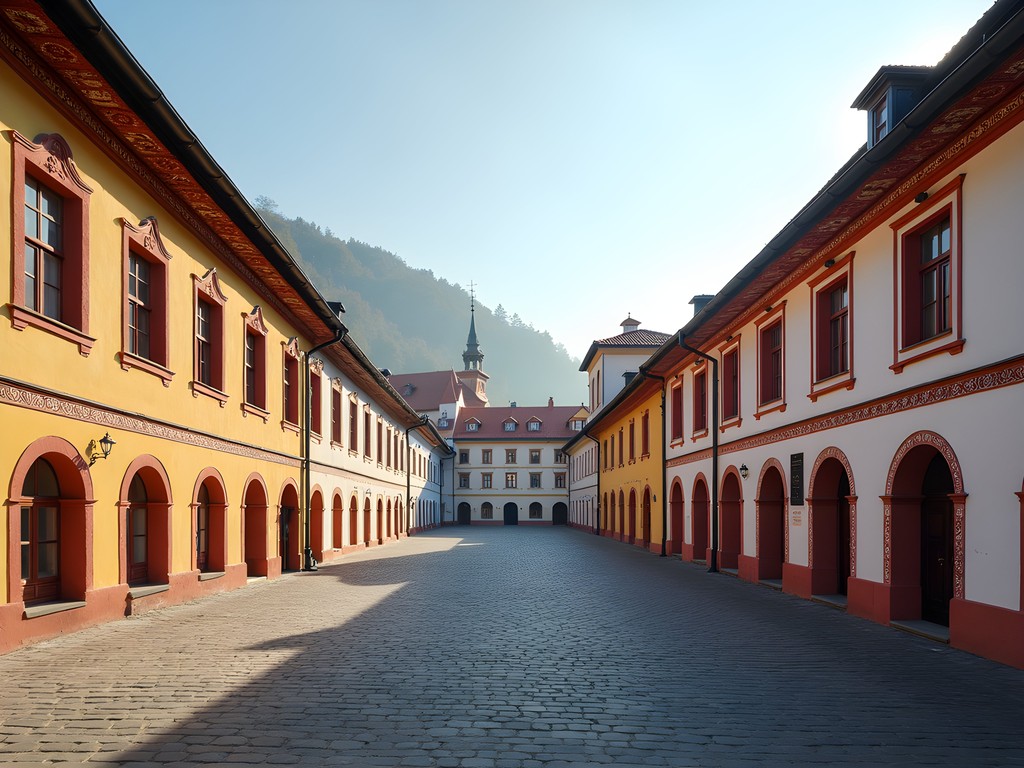Renaissance houses with colorful facades and sgraffito decorations on Telc town square at morning light