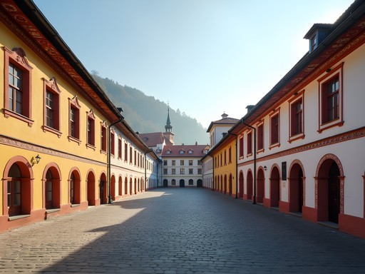 Renaissance houses with colorful facades and sgraffito decorations on Telc town square at morning light