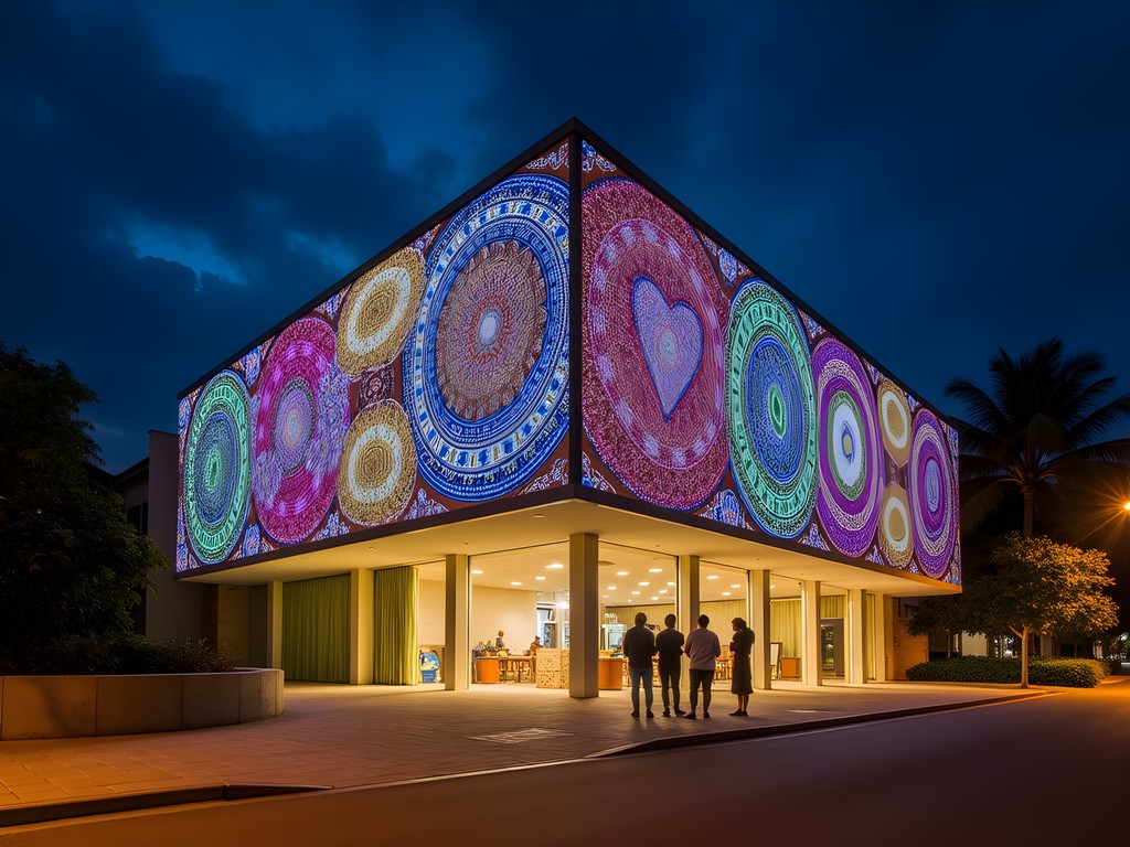 Nighttime digital art projection on the facade of Bulmba-ja Arts Centre in Cairns