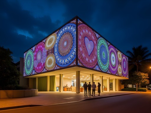 Nighttime digital art projection on the facade of Bulmba-ja Arts Centre in Cairns