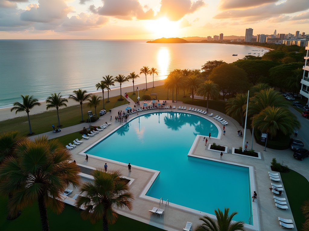 Aerial drone view of Cairns Esplanade lagoon at sunset with people gathering