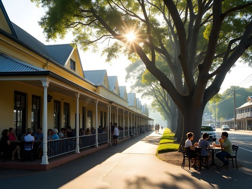 Tree-lined Collins Avenue in Edge Hill, Cairns, showing heritage Queenslander buildings converted to cafes