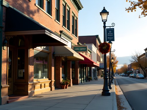 Historic buildings along Caldwell's Main Street with fall decorations