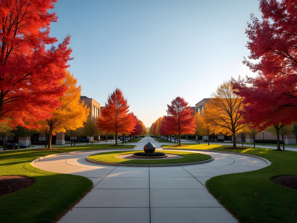 Fall foliage surrounding a beautifully landscaped roundabout in Carmel, Indiana