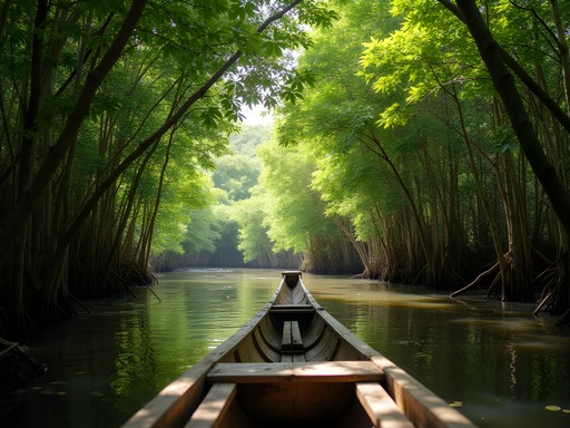 Traditional wooden canoe navigating through lush mangrove tunnels in La Boquilla