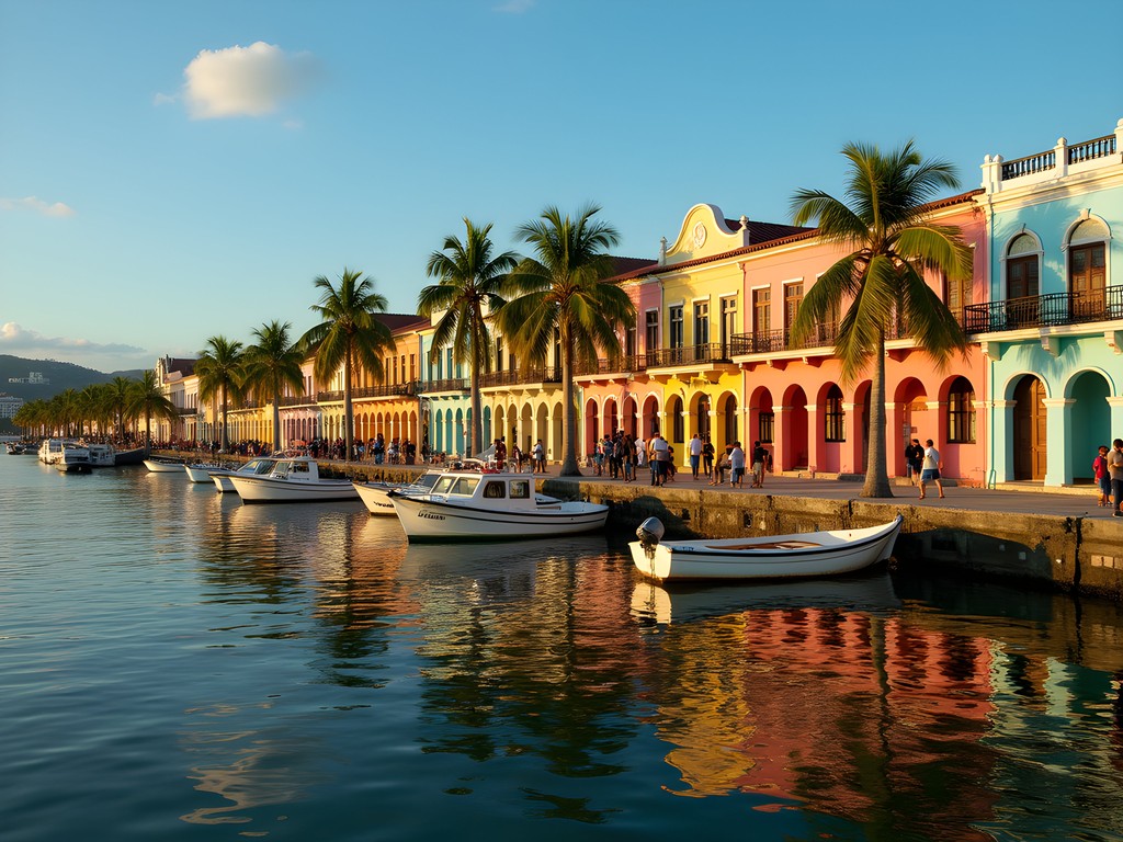 Waterfront view of Manga neighborhood with colorful colonial buildings and fishing boats