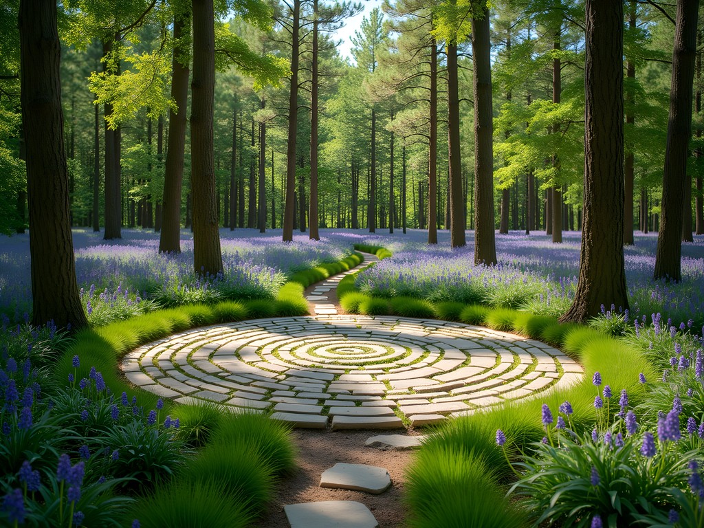 Stone labyrinth meditation path near Symphony Lake in Cary, North Carolina surrounded by spring wildflowers