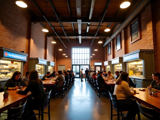 Interior of Optimist Hall in Charlotte showing preserved industrial architecture and food vendors