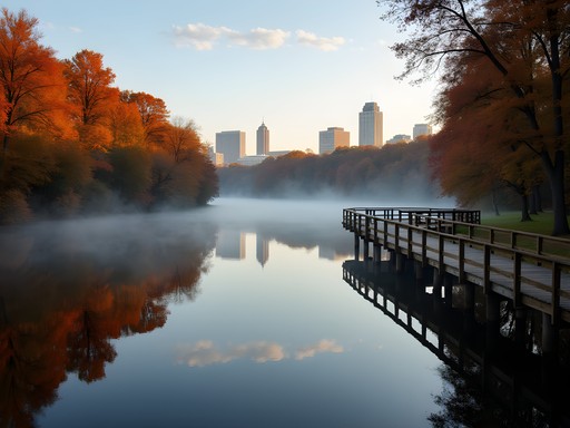 Morning mist over Congaree River with Columbia skyline in background
