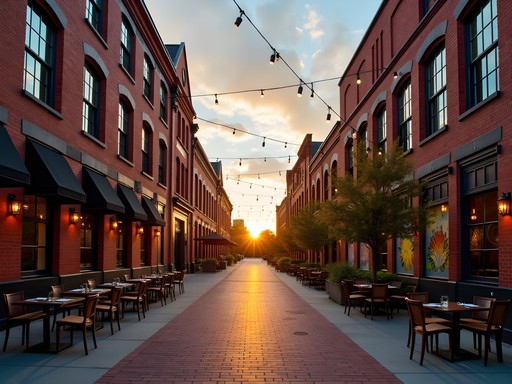 The Vista district in Columbia SC at sunset with historic warehouses and street art
