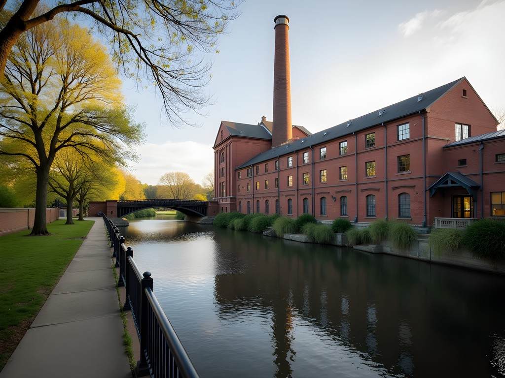 Restored brick buildings along Columbus Riverwalk with Chattahoochee River in foreground