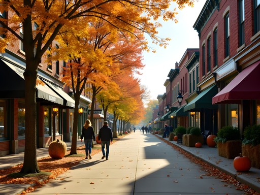 Historic downtown Council Bluffs Iowa with brick buildings and fall decorations on main street