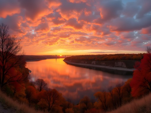 Missouri River sunset view from Council Bluffs Iowa with autumn colors reflecting on water
