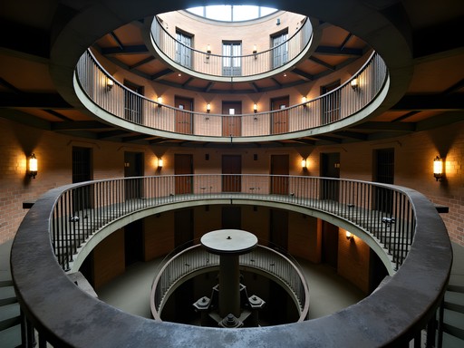 Historic Squirrel Cage Jail rotary mechanism showing three-story rotating jail cells in Council Bluffs Iowa
