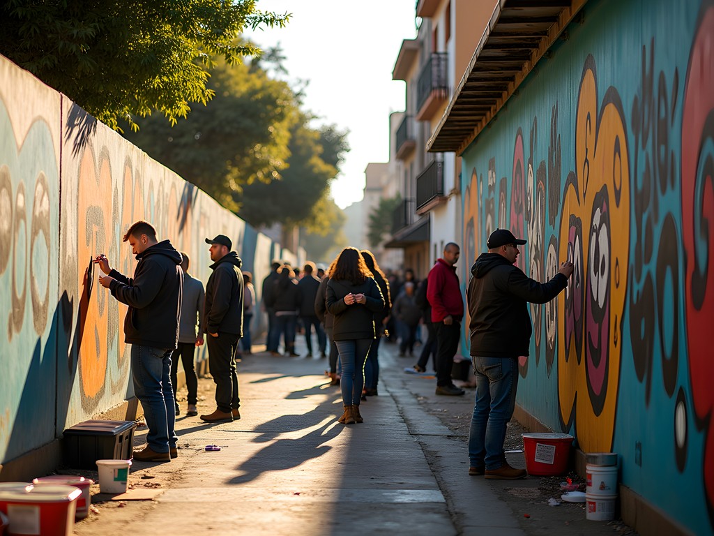 Street art festival in Córdoba with artists working on murals and crowds observing