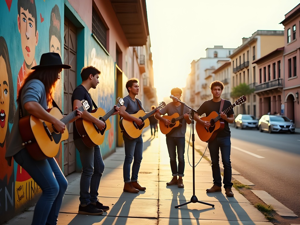 Street musicians performing in Nueva Córdoba with colorful graffiti backdrop
