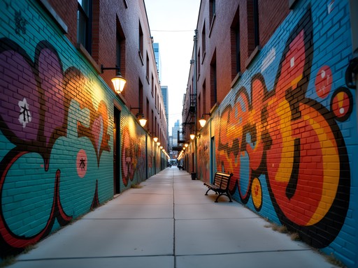 Secret art alley in RiNo district Denver with colorful murals and no tourists