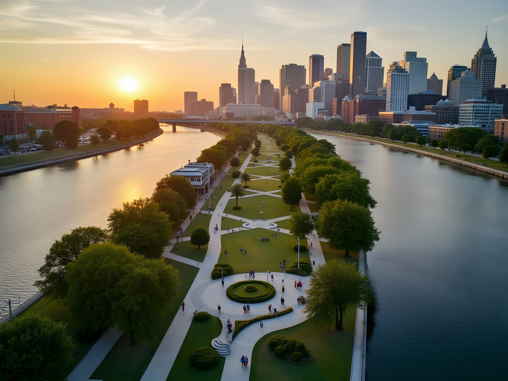 Aerial drone view of Detroit's riverfront showing revitalized public spaces and city skyline