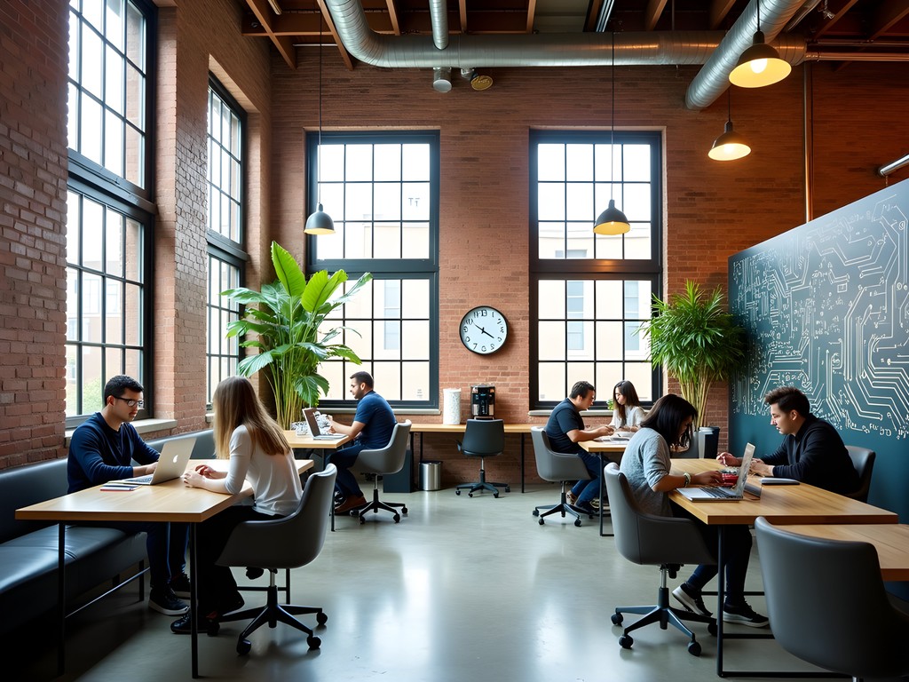 Modern co-working space in Detroit with digital nomads and technology entrepreneurs