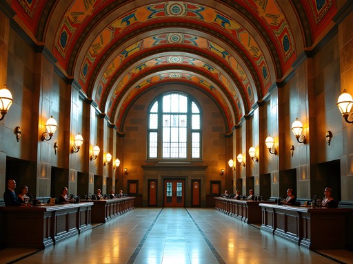 Art Deco interior of Detroit's Guardian Building with colorful tiled ceiling