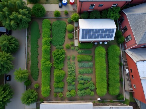 Aerial view of urban farm in Detroit with solar panels and modern irrigation systems