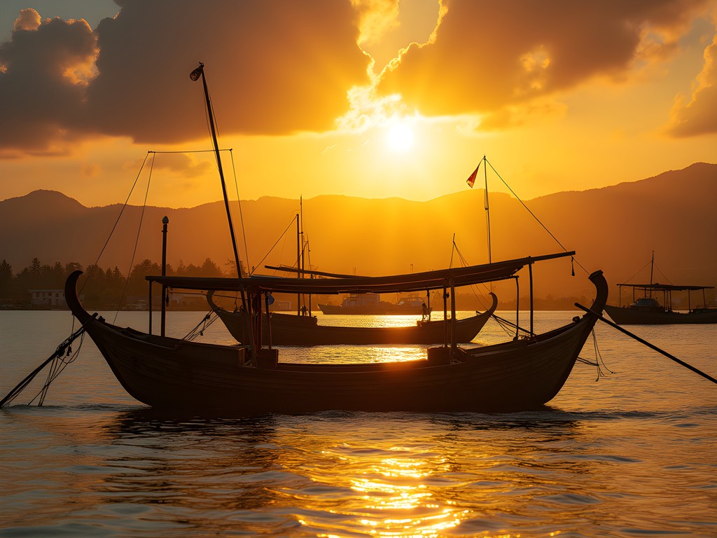 Traditional fishing boats returning to Dili's harbor at sunset with city backdrop