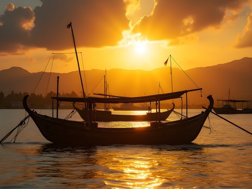 Traditional fishing boats returning to Dili's harbor at sunset with city backdrop