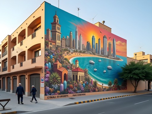 Colorful street art mural in Karama neighborhood depicting traditional and modern Dubai elements