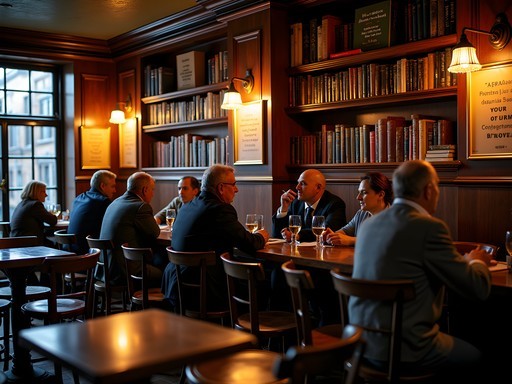 Atmospheric evening scene in historic Dublin pub with literary memorabilia