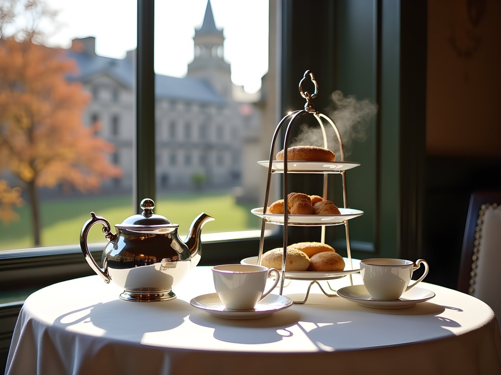 Elegant afternoon tea setting by Edinburgh window with autumn view